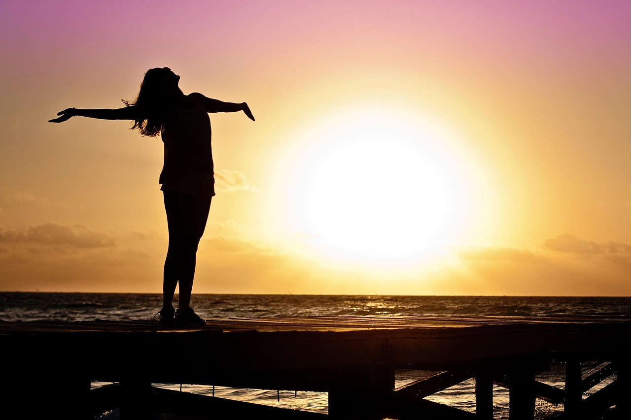 woman, girl, freedom, nature, happy, sun, silhouette, sunrise, beach, sunset, dusk, dawn, twilight